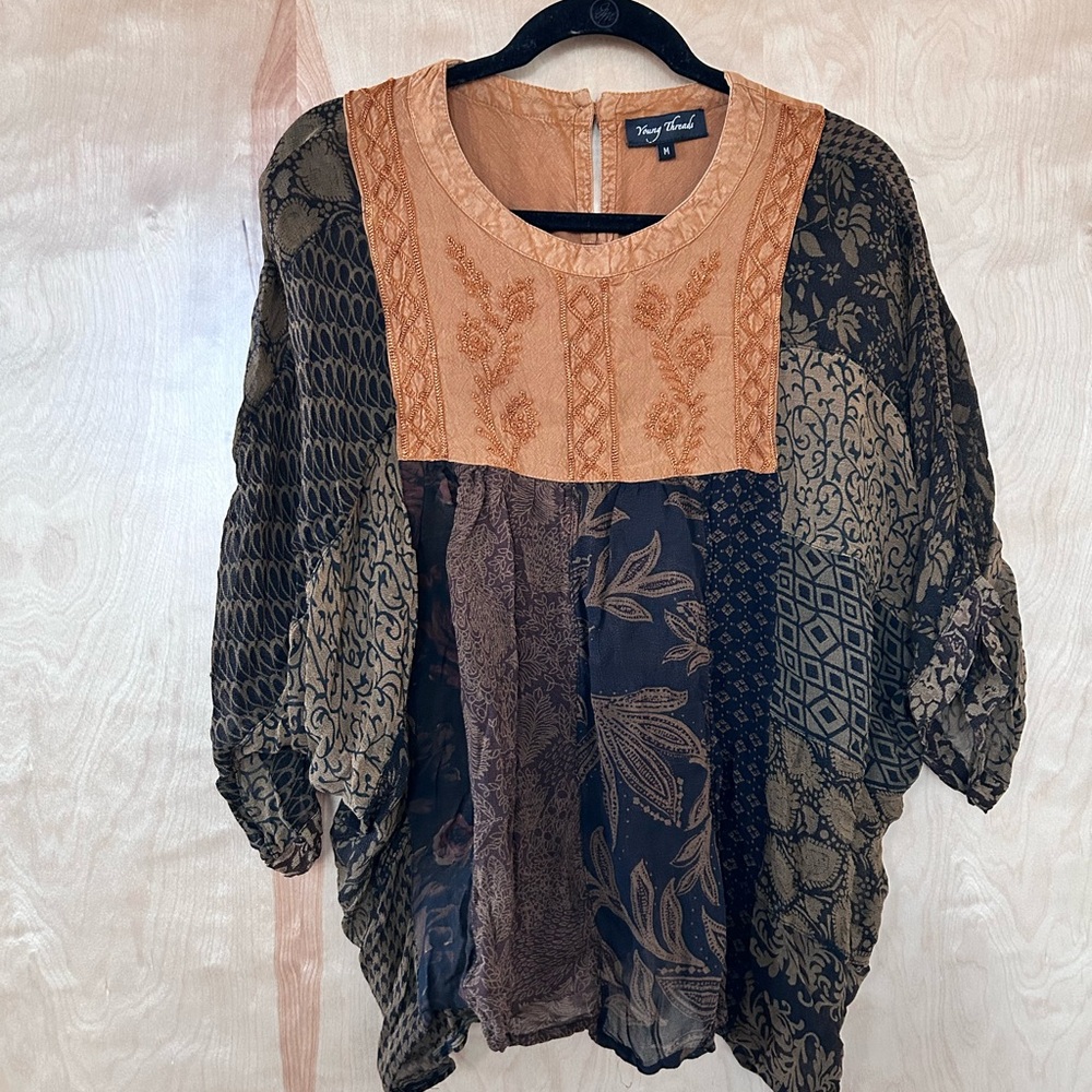 Boho Patchwork Blouse - Black and Brown